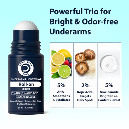 Dermistry AHA Kojic Acid Licorice Niacinamide Underarms Lightening Deodorant Roll On Serum Dark Spots Pigmentation