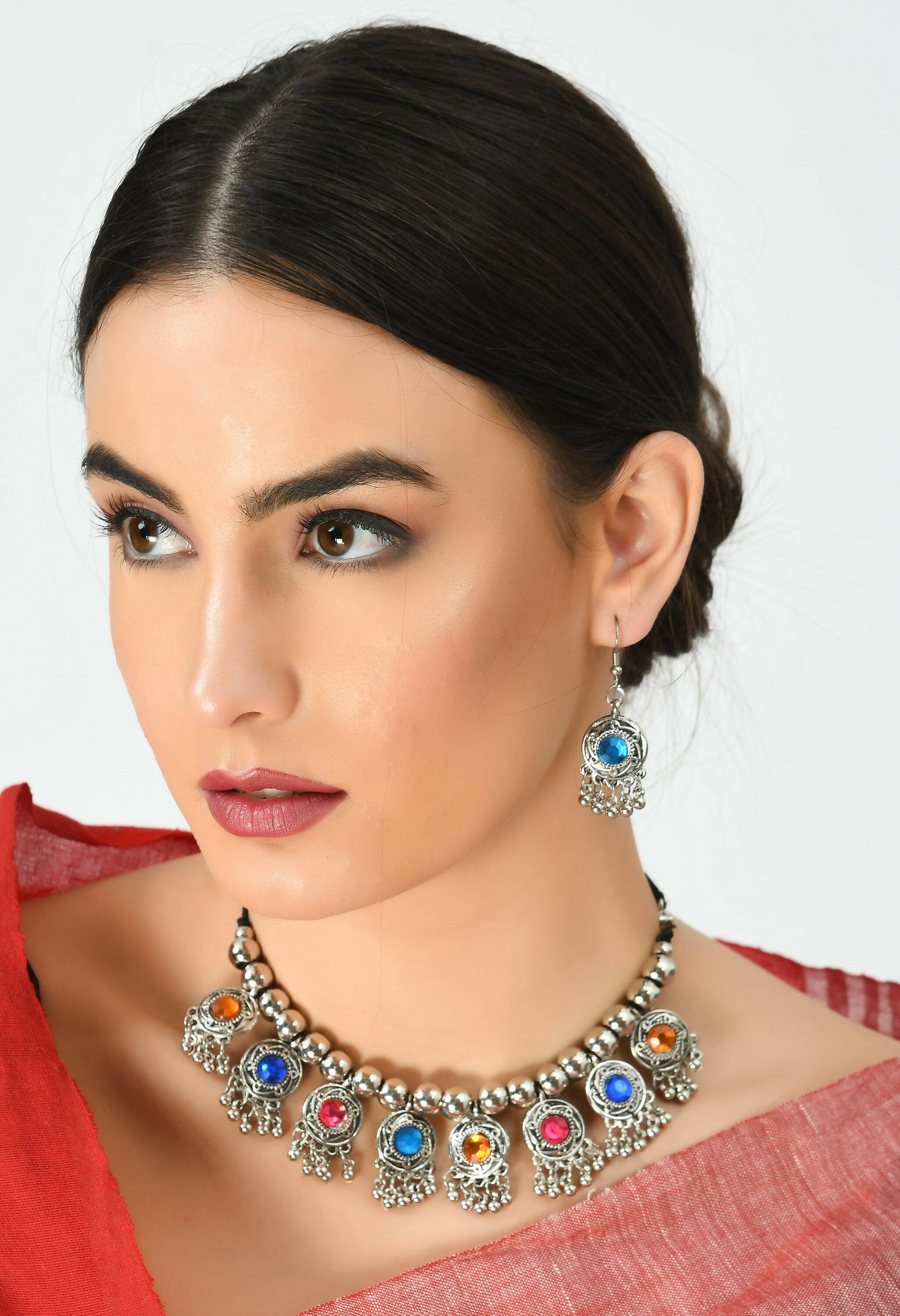 Mominos Fashion Johar Kamal Women Oxidised Silver-Plated Brass Finish Kundan Choker (Multi)