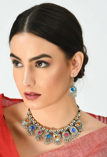 Mominos Fashion Johar Kamal Women Oxidised Silver-Plated Brass Finish Kundan Choker (Multi)