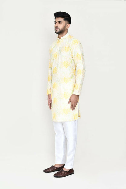 Joban Fashion Yellow Colored Rayon Based With Digital Print Fabric Kurta With Straight Fit Pant