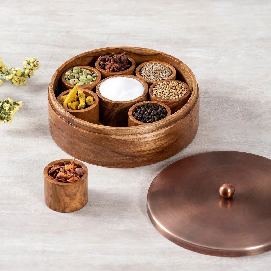 Nestroots Classic Acacia Wood Masala Box with Wooden Jars and Copper Lid
