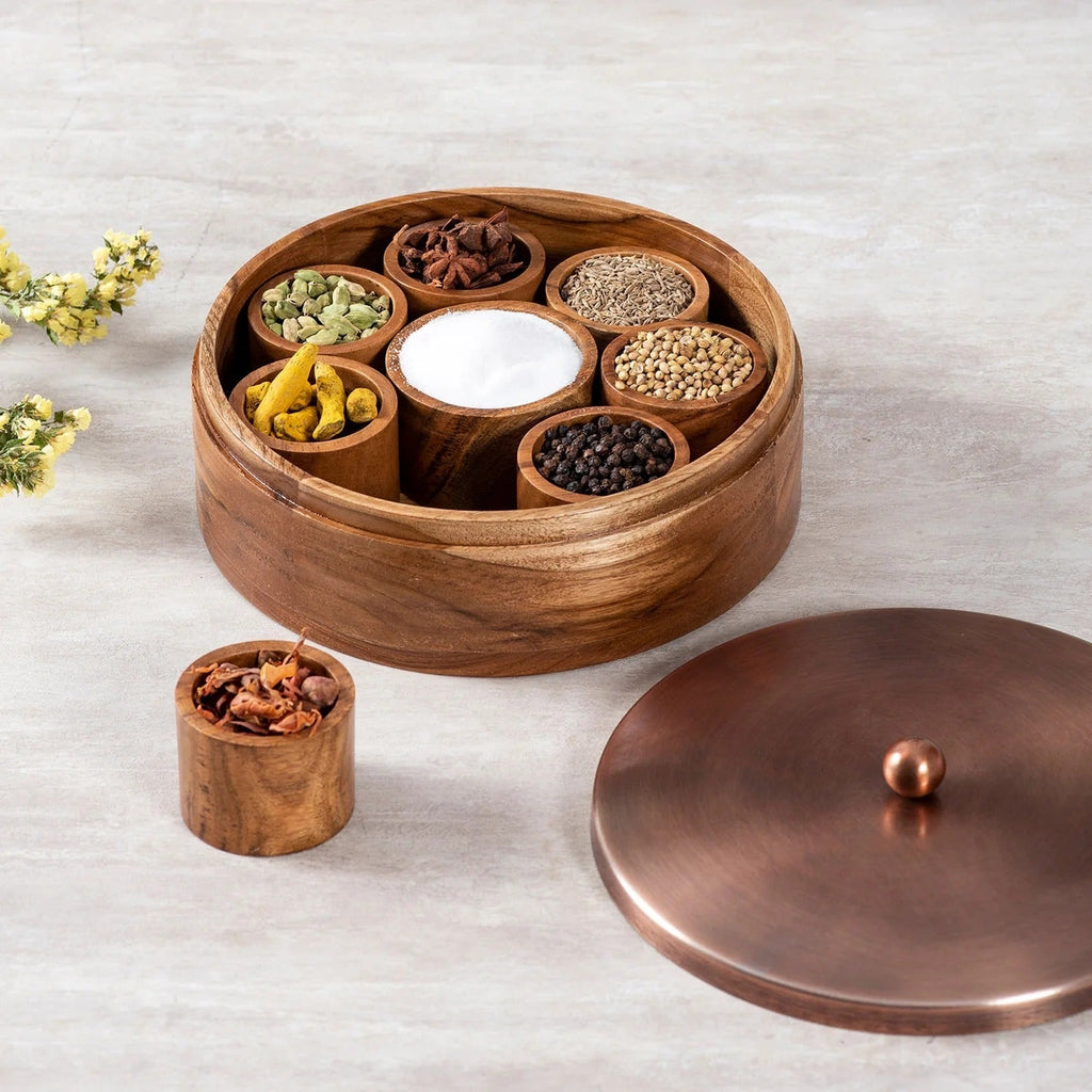 Nestroots Classic Acacia Wood Masala Box Copper Lid with 7 Stainless Steel Jars