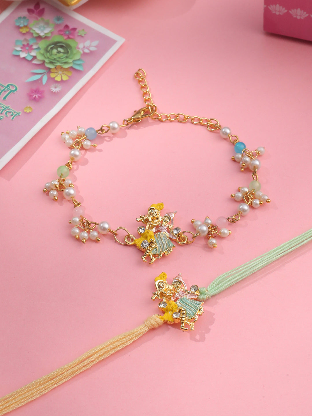 NVR Set of 2 Multicolor Gold Toned Radha Krishna Beaded Bhaiya Bhabhi Rakhi with Roli Chawal Chandan & Mishri