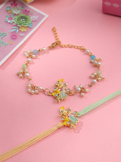 NVR Set of 2 Multicolor Gold Toned Radha Krishna Beaded Bhaiya Bhabhi Rakhi with Roli Chawal Chandan & Mishri