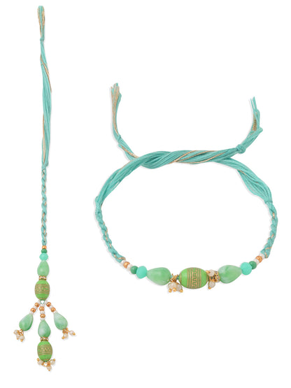NVR Set of 2 Green Artificial Beads Bhaiya Bhabhi Rakhi, Combo for Rakshabandhan