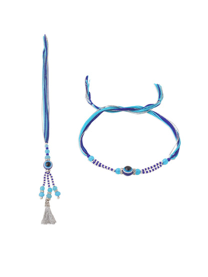 NVR Set of 2 Blue Evil Eye Artificial Beads Bhaiya Bhabhi Rakhi with Roli Chawal Chandan & Mishri