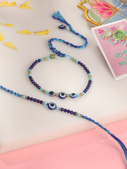 NVR Set of 2 Blue Evil Eye Artificial Beads Bhaiya Bhabhi Rakhi with Roli Chawal Chandan & Mishri