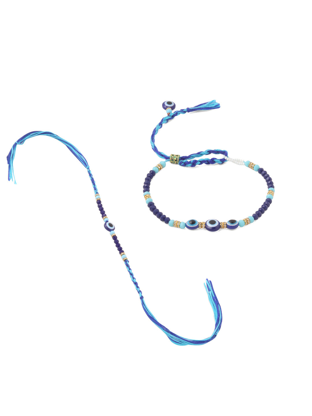 NVR Set of 2 Blue Evil Eye Artificial Beads Bhaiya Bhabhi Rakhi with Roli Chawal Chandan & Mishri