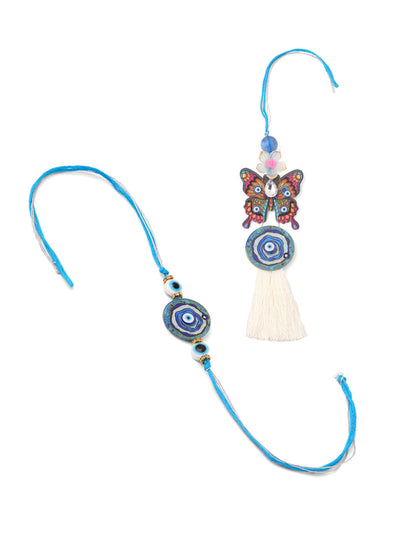 NVR Blue Evil Eye Artificial Beads Set of 2 Bhaiya Bhabhi Rakhi Combo