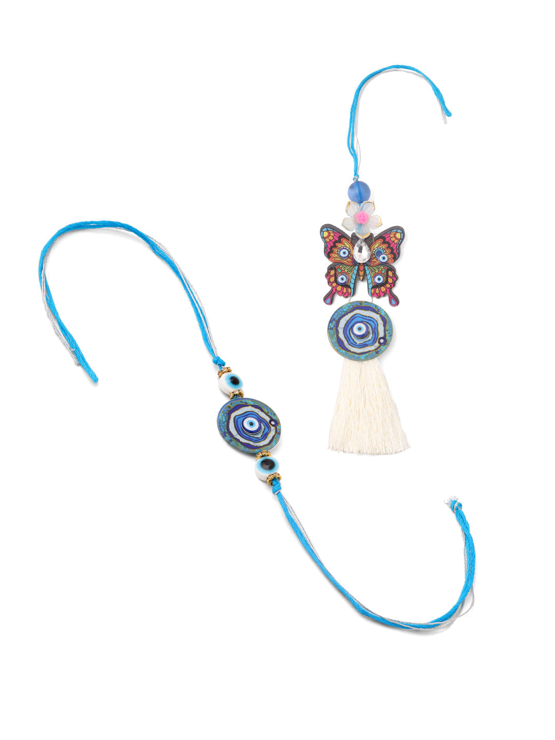 NVR Blue Evil Eye Artificial Beads Set of 2 Bhaiya Bhabhi Rakhi with Roli Chawal Chandan & Mishri