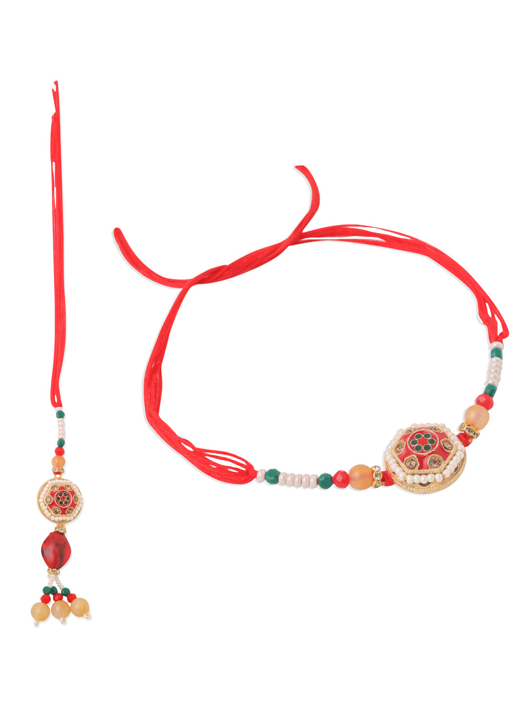 NVR Set of 2 Red Artificial Stones and Beads Bhaiya Bhabhi Rakhi with Roli Chawal Chandan & Mishri