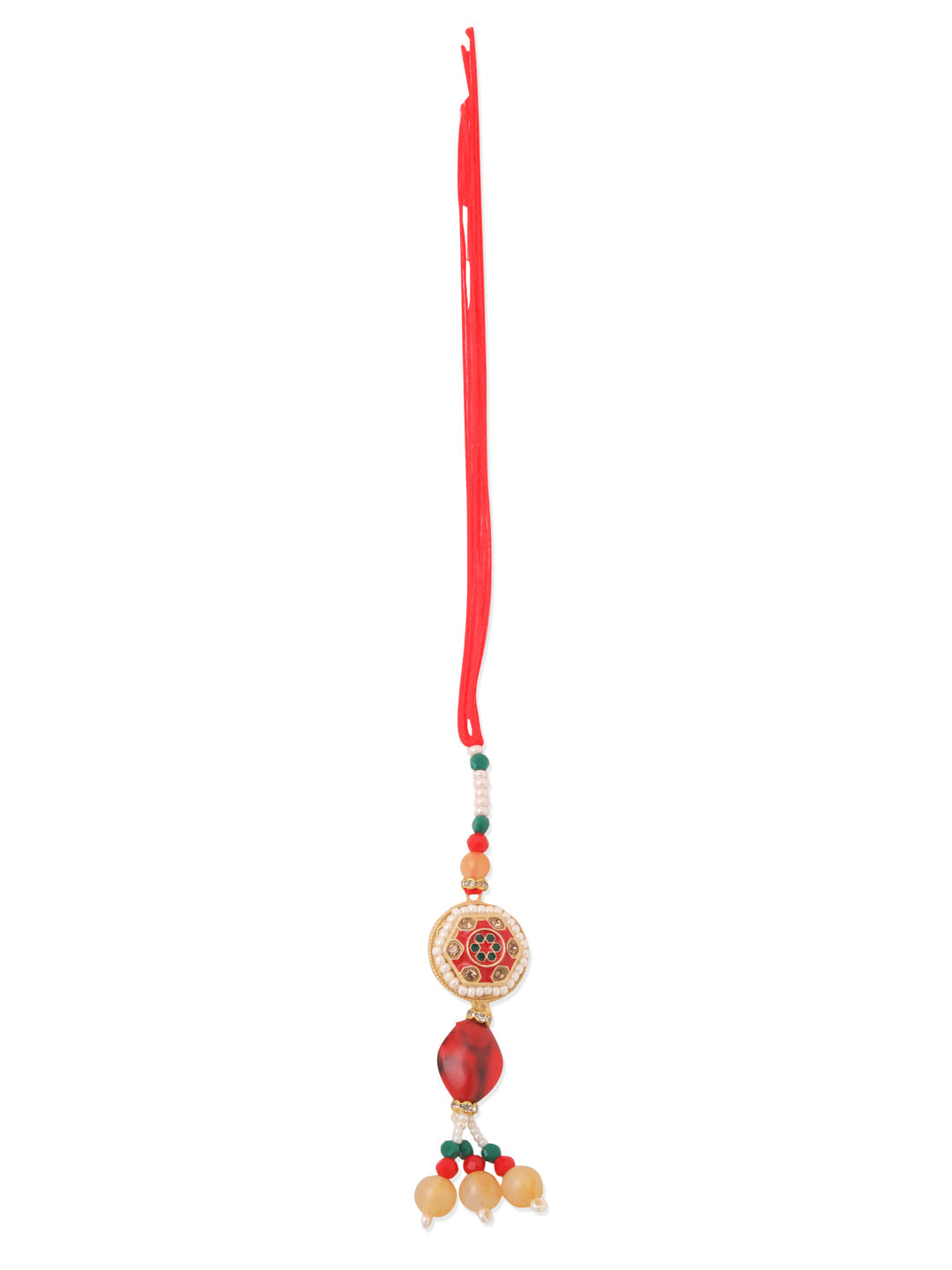 NVR Set of 2 Red Artificial Stones and Beads Bhaiya Bhabhi Rakhi with Roli Chawal Chandan & Mishri