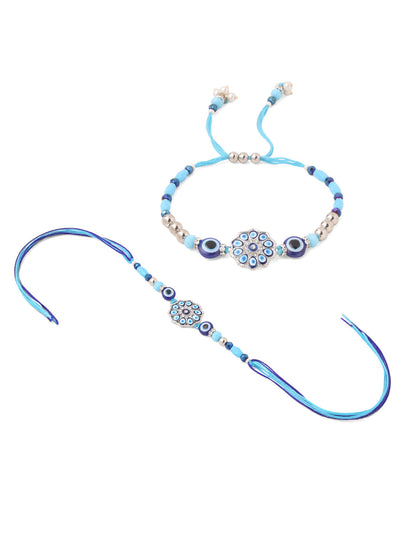 NVR Set of 2 Blue Evil Eye Floral Design Bhaiya Bhabhi Rakhi Combo