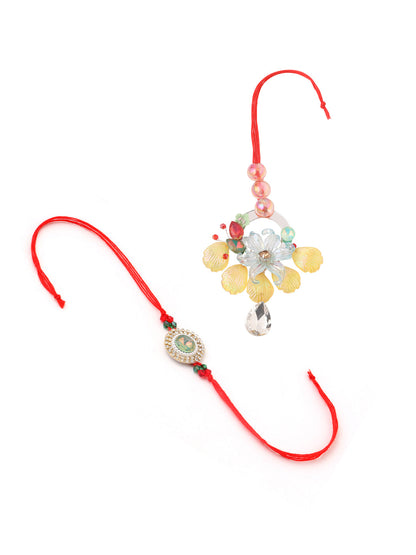 NVR Multicolor Artificial Stones & Beads Set of 2 Bhaiya Bhabhi Rakhi with Roli Chawal Chandan & Mishri