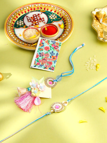 NVR Set of 2 Multicolor Artificial Stones & Beads Floral Design Bhaiya Bhabhi Rakhi with Roli Chawal Chandan & Mishri