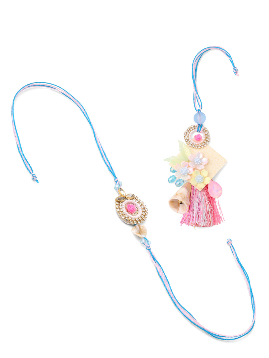 NVR Set of 2 Multicolor Artificial Stones & Beads Floral Design Bhaiya Bhabhi Rakhi with Roli Chawal Chandan & Mishri
