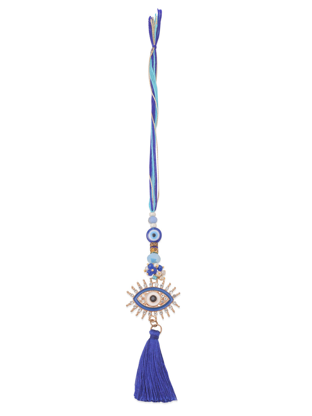 NVR Set of 2 Blue Evil Eye Artificial Stones & Beads Bhaiya Bhabhi Rakhi with Roli Chawal Chandan & Mishri