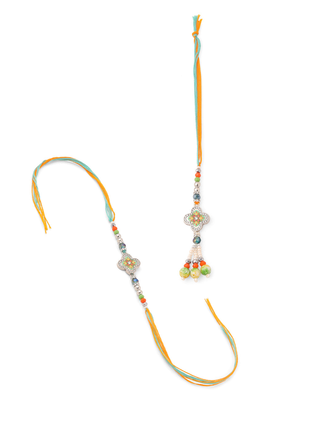 NVR Set of 2 Multicolor Artificial Stones & Beads Floral Bhaiya Bhabhi Rakhi with Roli Chawal Chandan & Mishri