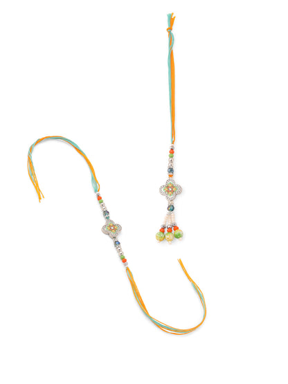 NVR Set of 2 Multicolor Artificial Stones & Beads Floral Bhaiya Bhabhi Rakhi with Roli Chawal Chandan & Mishri