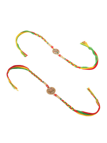 NVR Men Set of 2 Multicolor Floral Design Artificial Stones Thread Rakhi with Roli Chawal Chandan & Mishri
