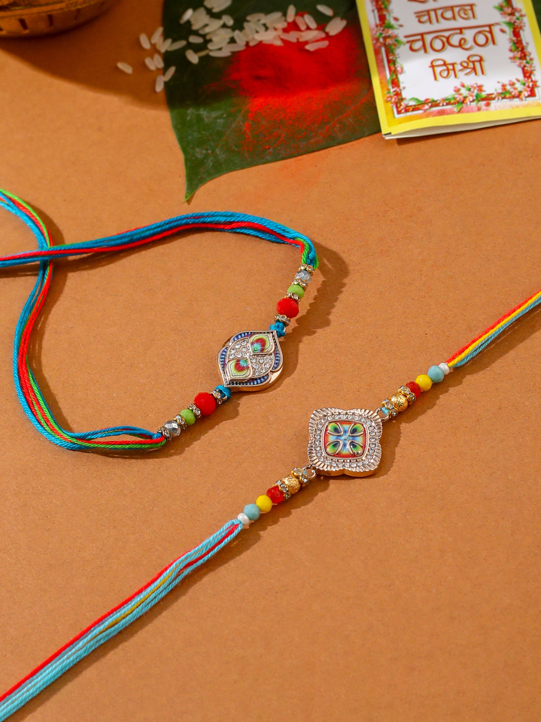 NVR Men Set of 2 Multicolor Artificial Stones Thread Rakhi with Roli Chawal Chandan & Mishri