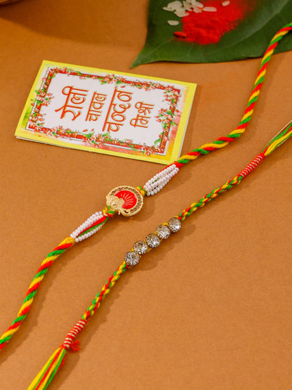 NVR Men Set of 2 Religious Designer Multicolor Artificial Stones Thread Rakhi with Roli Chawal Chandan & Mishri