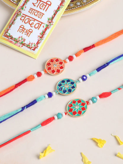 NVR Men Set of 3 Floral Design Multicolor Artificial Beads Thread Rakhi with Roli Chawal Chandan & Mishri