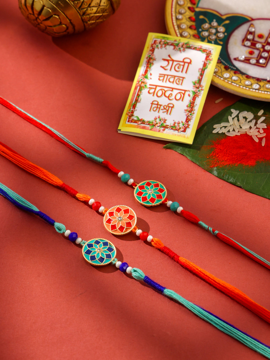 NVR Men Set of 3 Floral Design Multicolor Artificial Beads Thread Rakhi with Roli Chawal Chandan & Mishri