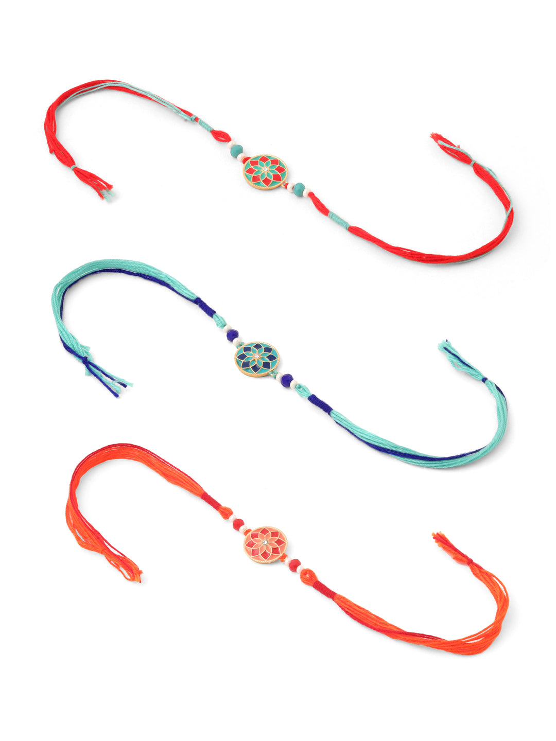 NVR Men Set of 3 Floral Design Multicolor Artificial Beads Thread Rakhi with Roli Chawal Chandan & Mishri
