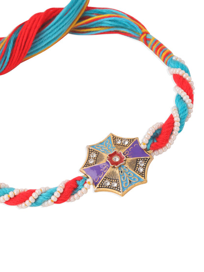 NVR Men Floral Design Multicolor Artificial Stones & Pearls Thread Rakhi with Roli Chawal Chandan & Mishri