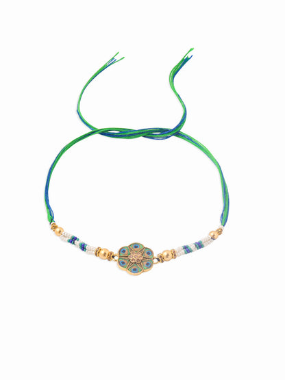 NVR Men Peacock Design Multicolor Artificial Stones & Pearls Thread Rakhi with Roli Chawal Chandan & Mishri