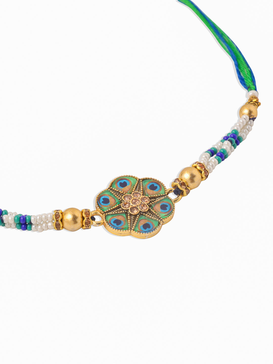 NVR Men Peacock Design Multicolor Artificial Stones & Pearls Thread Rakhi with Roli Chawal Chandan & Mishri