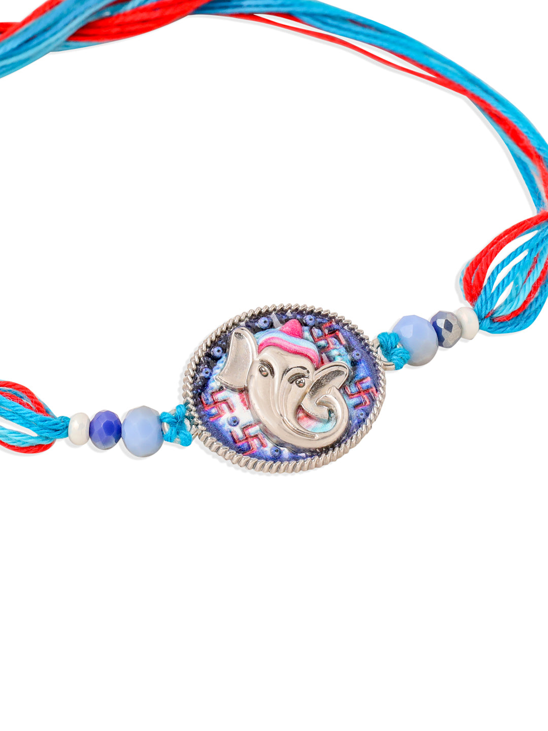 NVR Men Red & Blue Ganesh Ji Thread Rakhi with Roli Chawal Chandan & Mishri