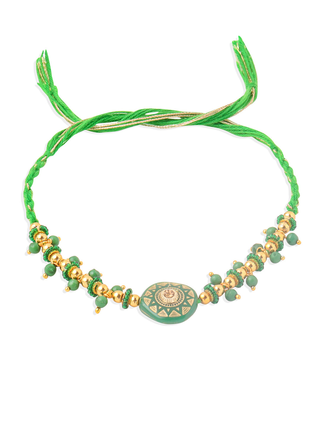 NVR Men Green Artificial Beads Round Shape Thread Rakhi with Roli Chawal Chandan & Mishri