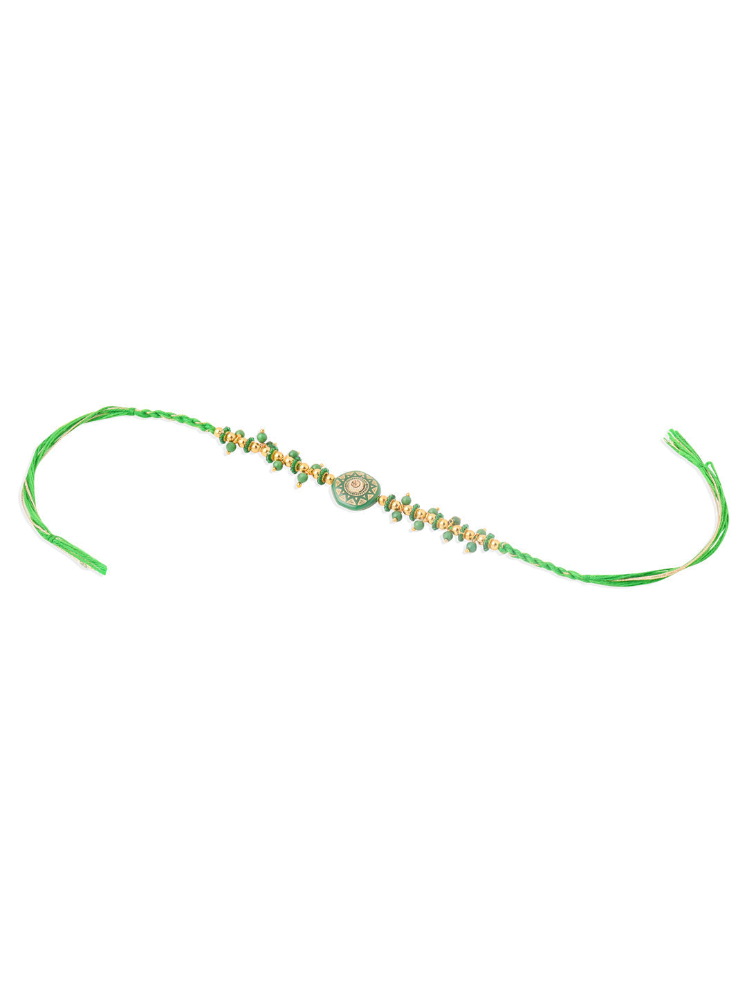 NVR Men Green Artificial Beads Round Shape Thread Rakhi with Roli Chawal Chandan & Mishri