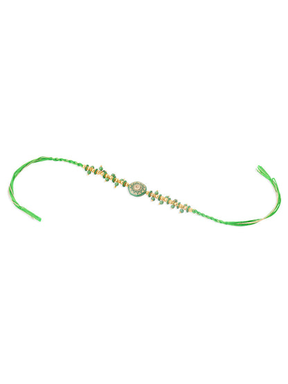 NVR Men Green Artificial Beads Round Shape Thread Rakhi with Roli Chawal Chandan & Mishri