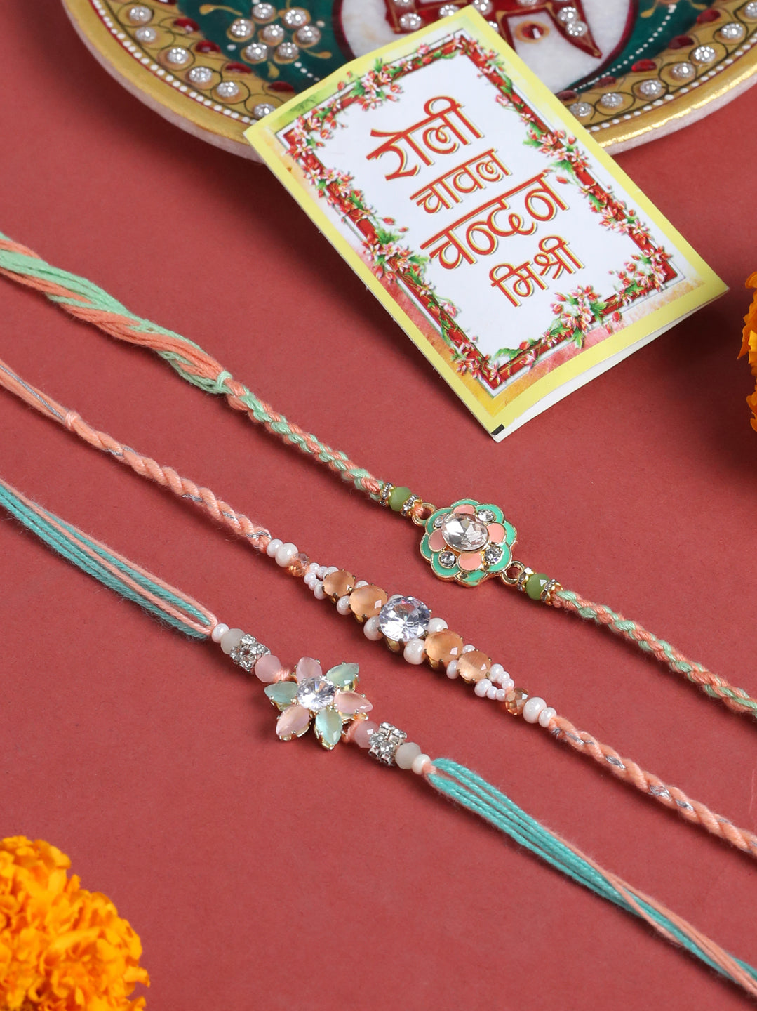 NVR Men Set of 3 Floral Design Multicolor Artificial Stones & Pearls Thread Rakhi with Roli Chawal Chandan & Mishri