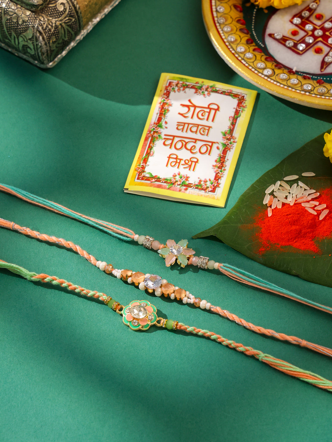NVR Men Set of 3 Floral Design Multicolor Artificial Stones & Pearls Thread Rakhi with Roli Chawal Chandan & Mishri