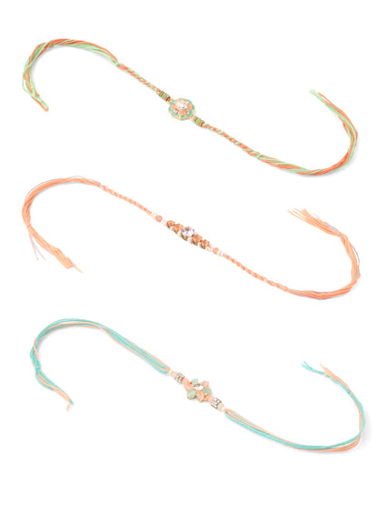 NVR Men Set of 3 Floral Design Multicolor Artificial Stones & Pearls Thread Rakhi with Roli Chawal Chandan & Mishri