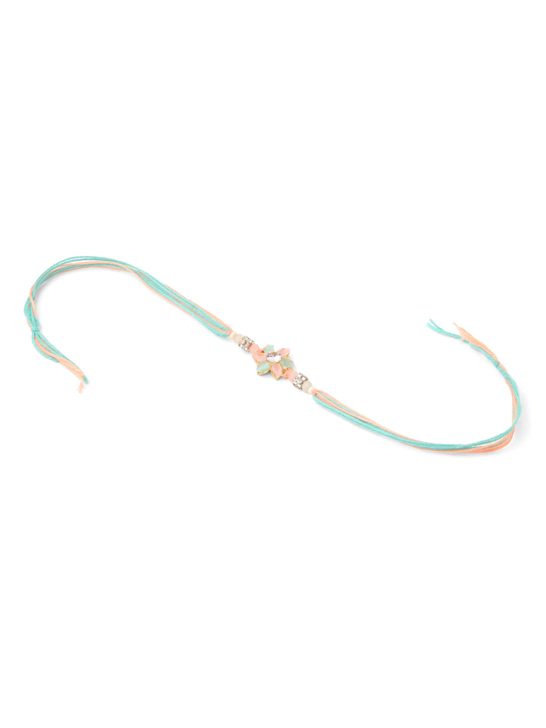NVR Men Set of 3 Floral Design Multicolor Artificial Stones & Pearls Thread Rakhi with Roli Chawal Chandan & Mishri