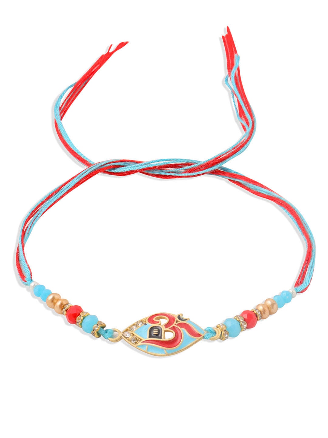 NVR Men Red & Blue Artificial Stones and Beads Om Thread Rakhi with Roli Chawal Chandan & Mishri