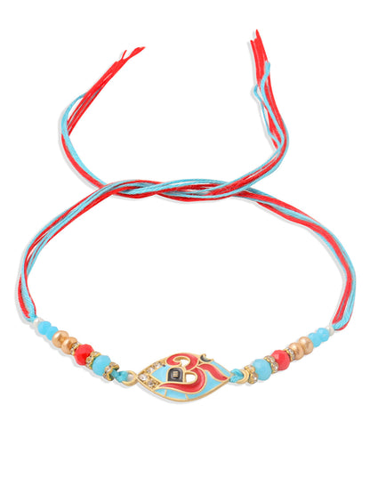 NVR Men Red & Blue Artificial Stones and Beads Om Thread Rakhi with Roli Chawal Chandan & Mishri