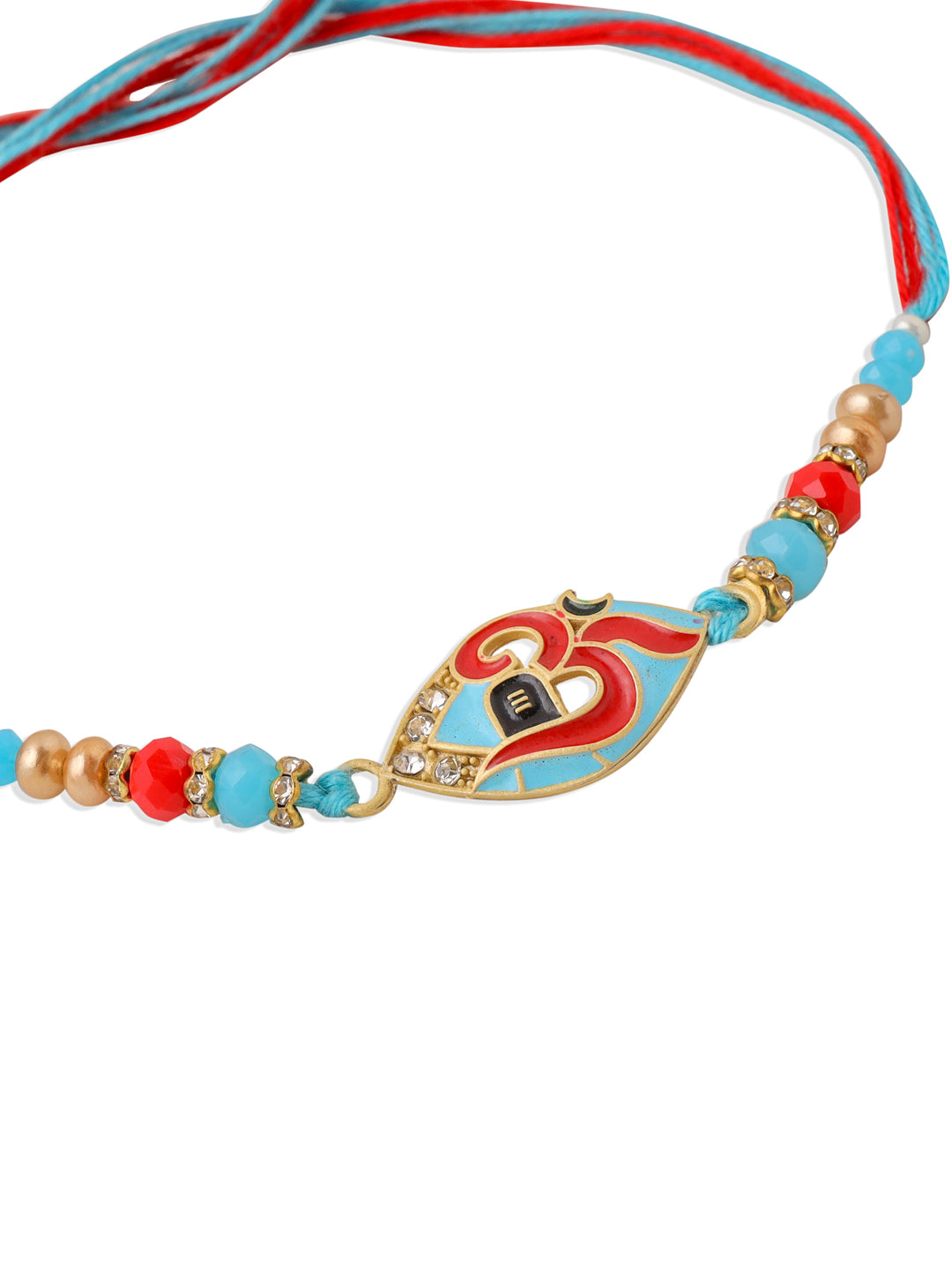 NVR Men Red & Blue Artificial Stones and Beads Om Thread Rakhi with Roli Chawal Chandan & Mishri