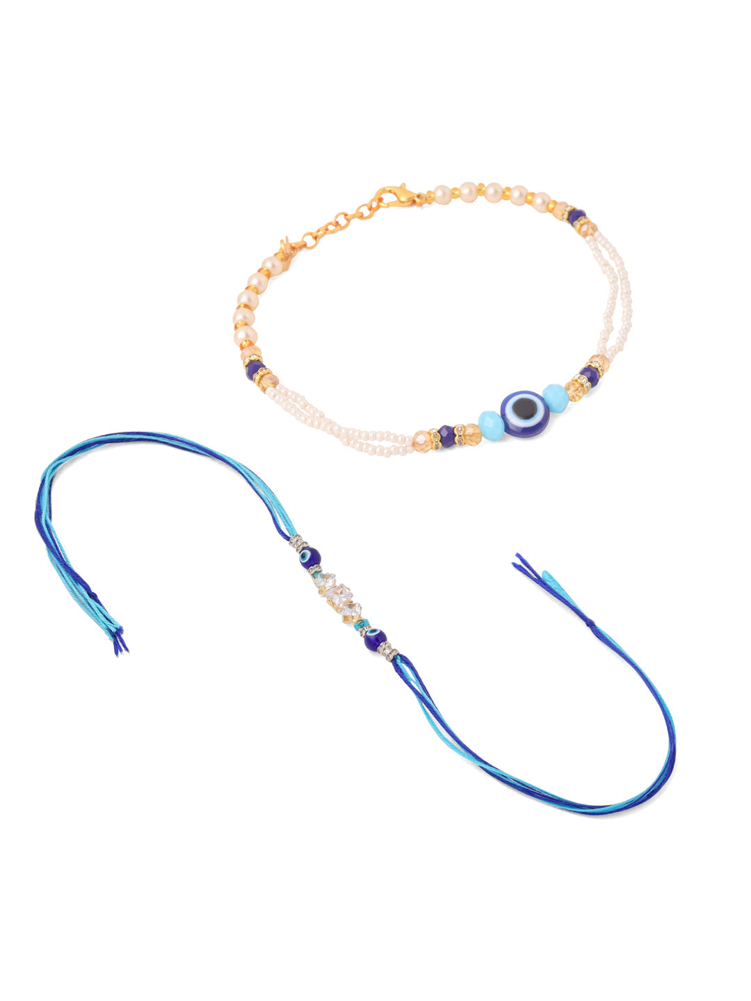 NVR Set of 2 Blue Evil Eye Artificial Stones & Beads Bhaiya Bhabhi Rakhi Combo