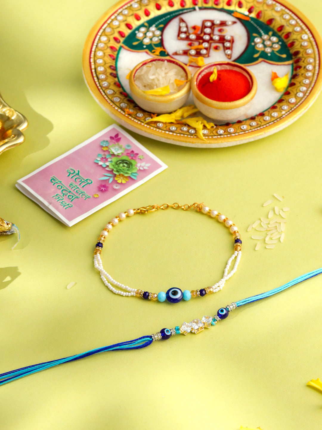 NVR Set of 2 Blue Evil Eye Artificial Stones & Beads Bhaiya Bhabhi Rakhi with Roli Chawal Chandan & Mishri