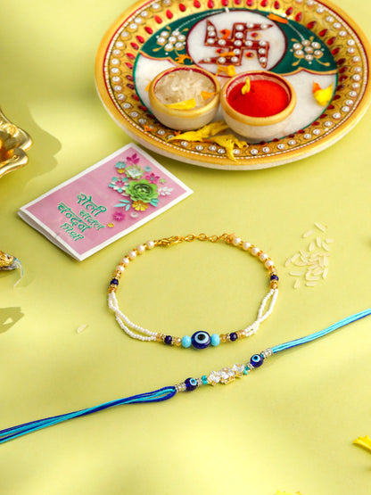 NVR Set of 2 Blue Evil Eye Artificial Stones & Beads Bhaiya Bhabhi Rakhi with Roli Chawal Chandan & Mishri