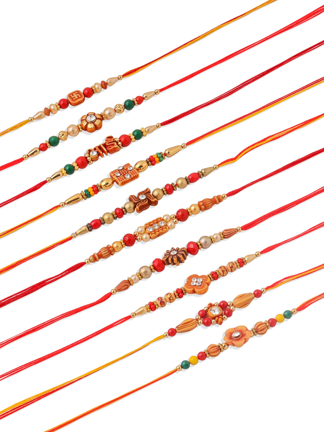 NVR Men Set of 10 Floral Design Red Artificial Stones and Beads Thread Rakhi Combo