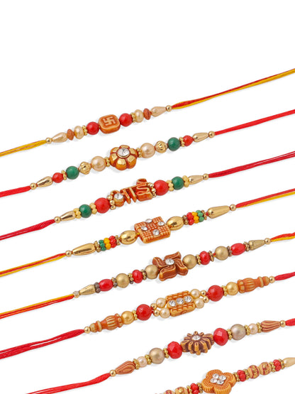 NVR Men Set of 10 Floral Design Red Artificial Stones and Beads Thread Rakhi with Roli Chawal Chandan & Mishri