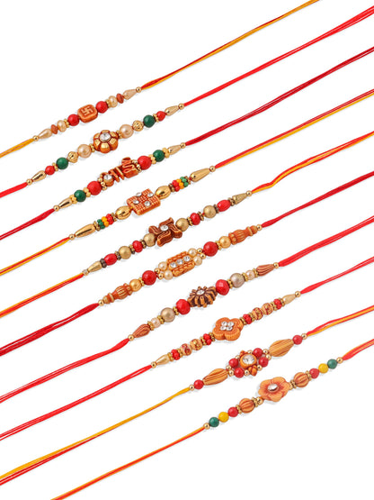 NVR Men Set of 10 Floral Design Red Artificial Stones and Beads Thread Rakhi with Roli Chawal Chandan & Mishri