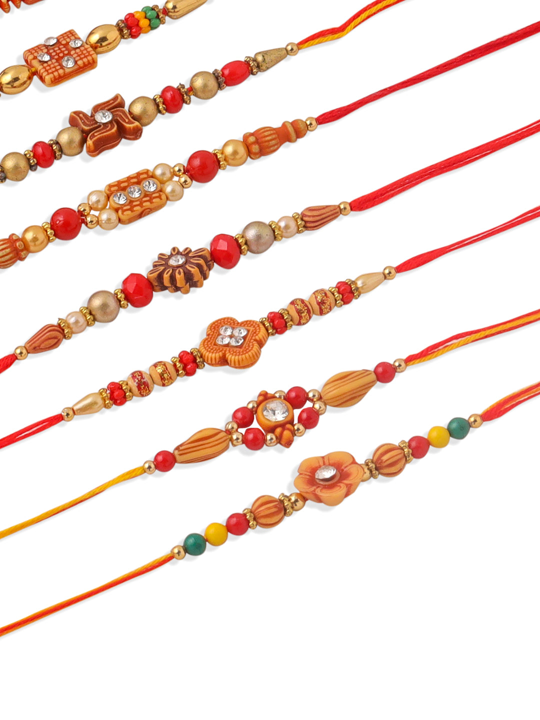 NVR Men Set of 10 Floral Design Red Artificial Stones and Beads Thread Rakhi with Roli Chawal Chandan & Mishri